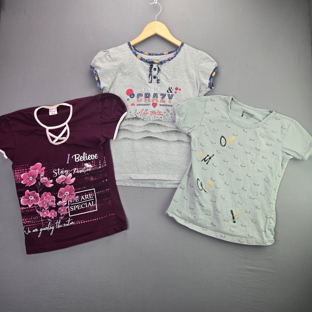 Milton HiFun Girls Graphic T-Shirt Lot 3pc Size 8-12 Cotton Floral Grey Purple